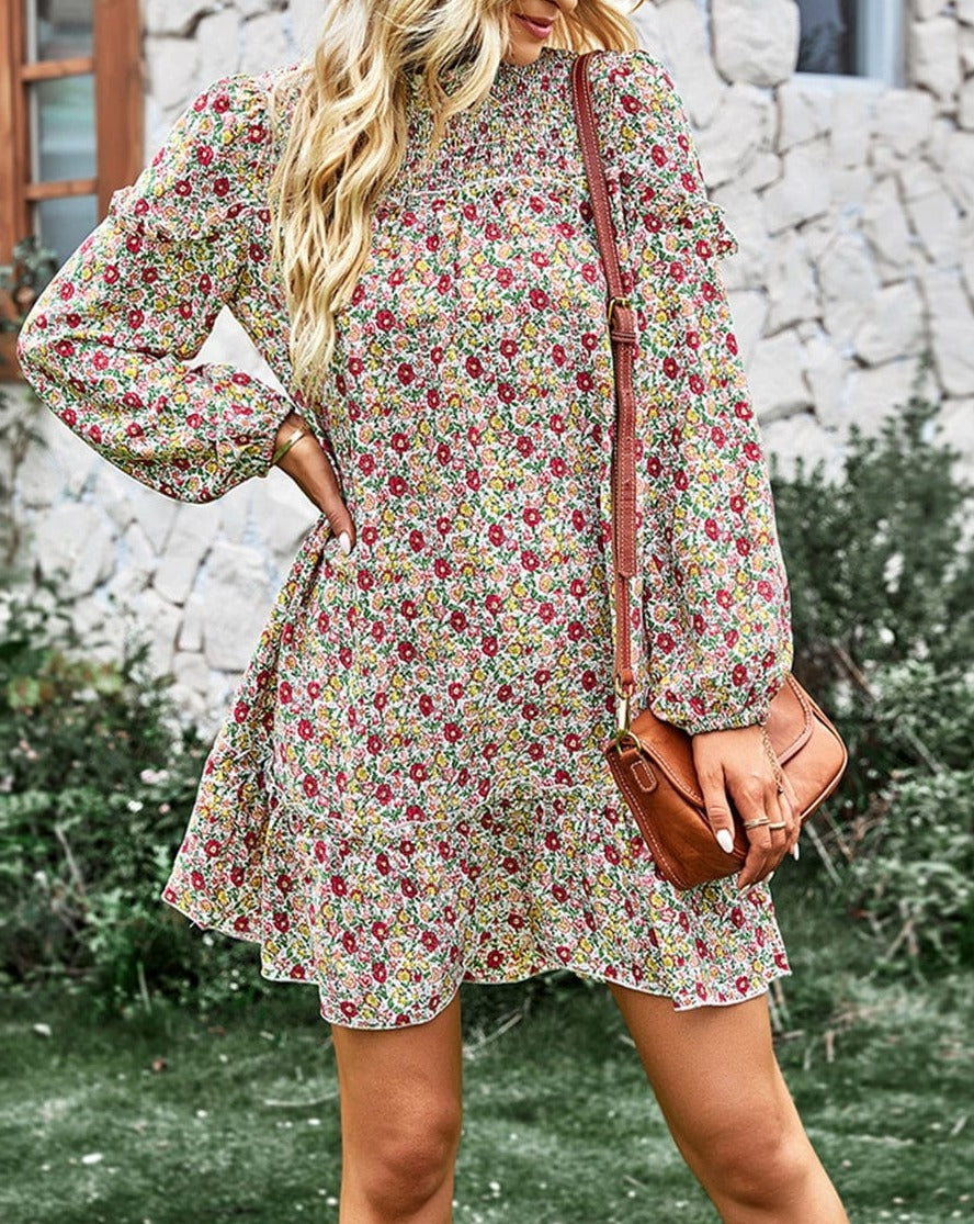 Ruffle Shirred Neck Floral Dress