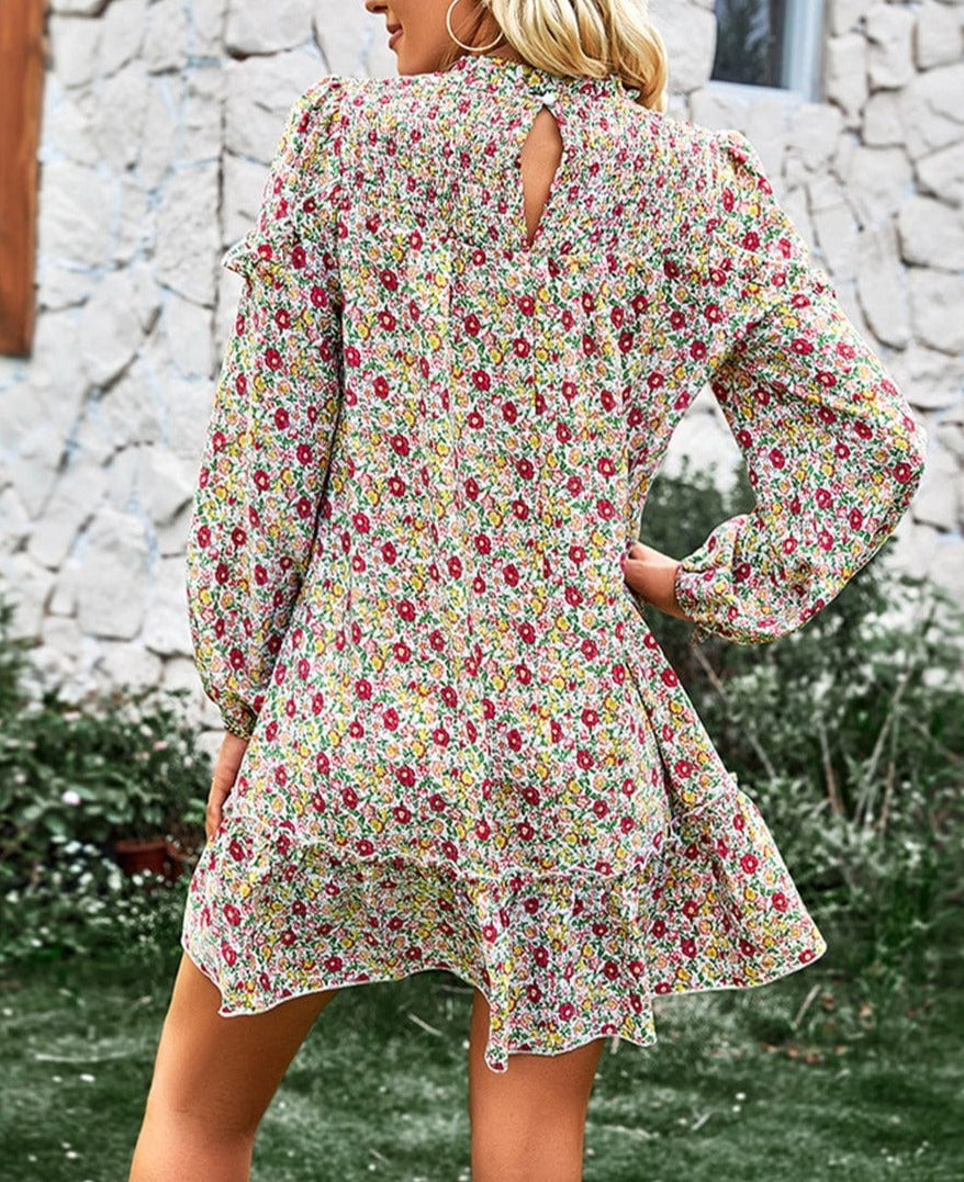 Ruffle Shirred Neck Floral Dress