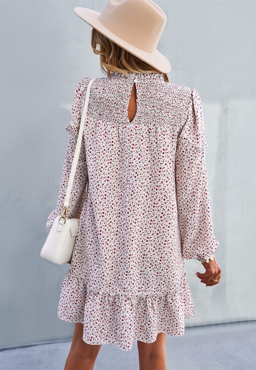 Ruffle Shirred Neck Floral Dress