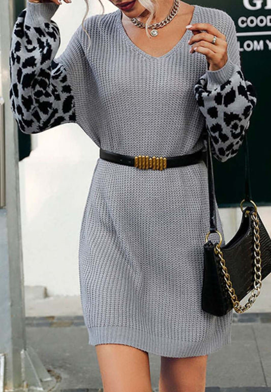 Two Tone Leopard Sweater Dress