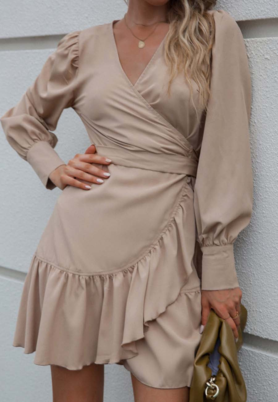 Solid Ruffle Hem Wrap Dress