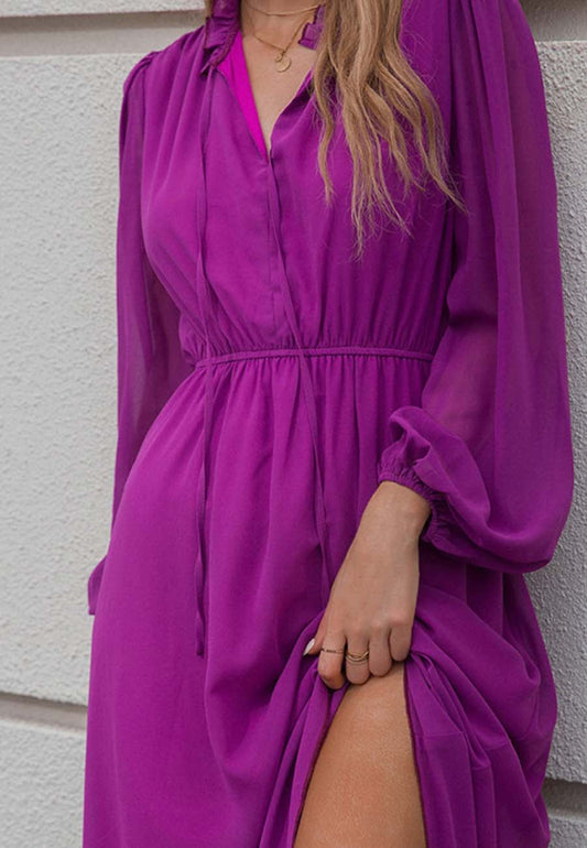 Tie Ruffle Neck Bishop Sleeve Dress