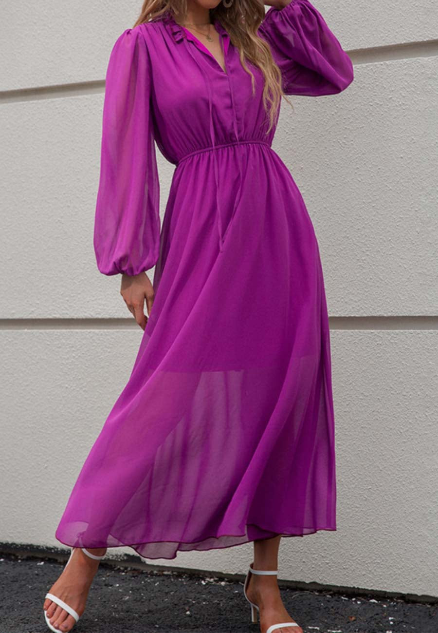 Tie Ruffle Neck Bishop Sleeve Dress