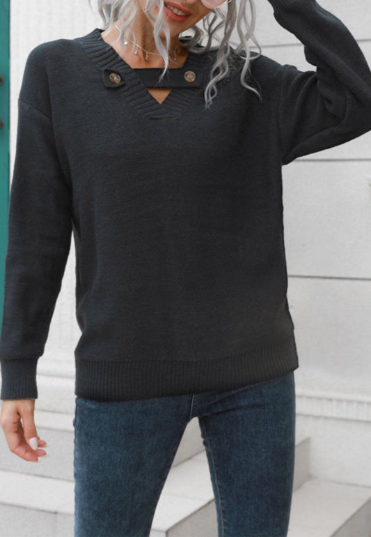 Button Detail V Neck Sweater