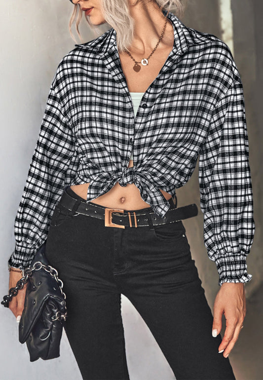 Checkered Print Shirred Cuff Blouse