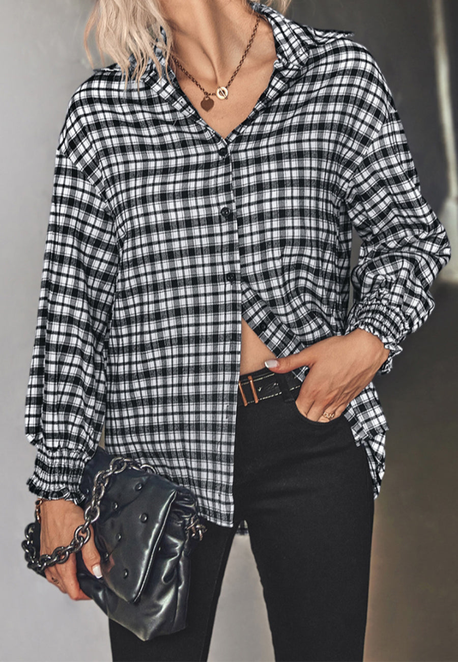 Checkered Print Shirred Cuff Blouse