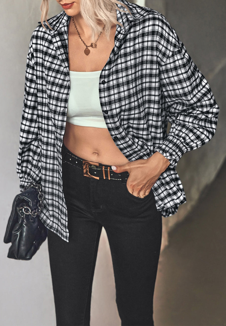 Checkered Print Shirred Cuff Blouse