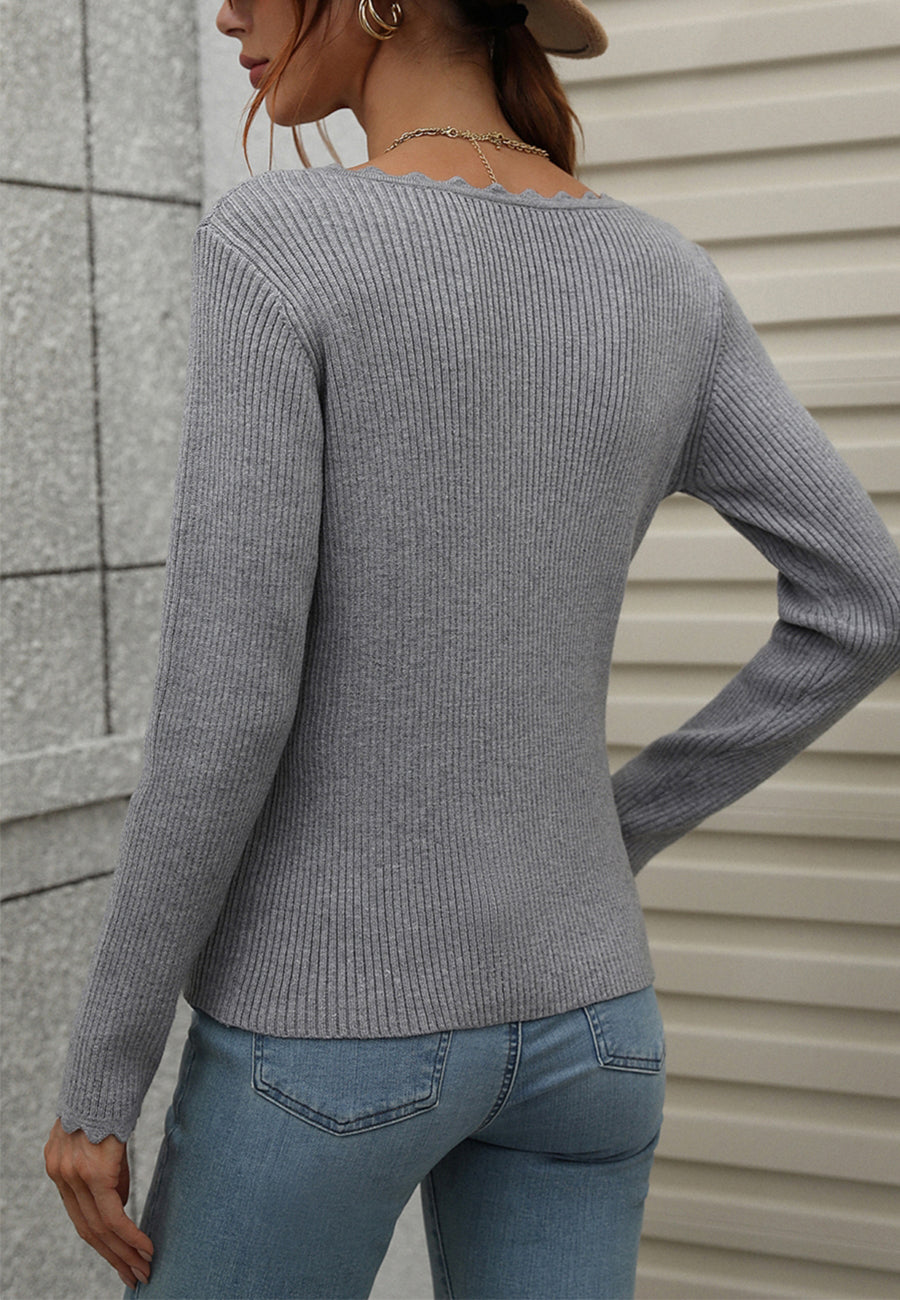 Scallop Detail Ribbed Knit Sweater