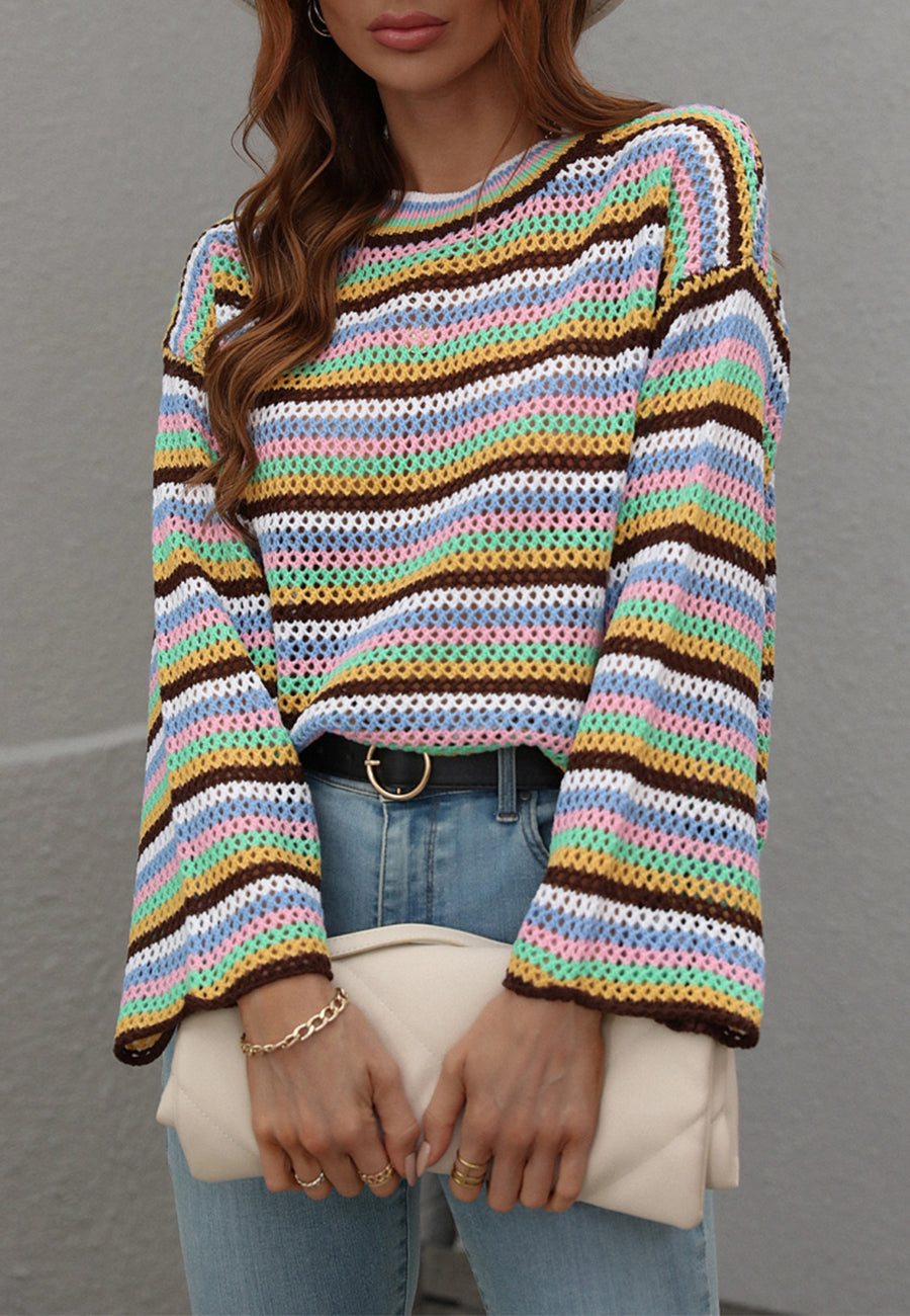 Colorful Striped Crochet Knit Sweater