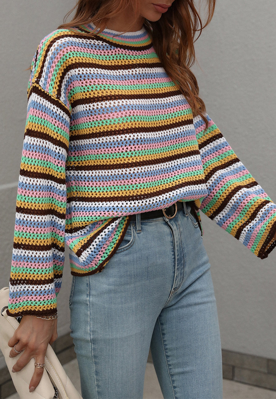 Colorful Striped Crochet Knit Sweater