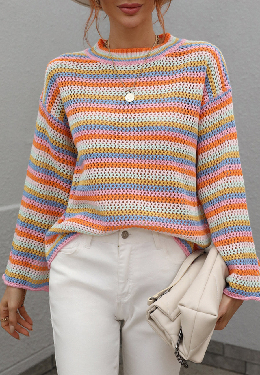 Colorful Striped Crochet Knit Sweater