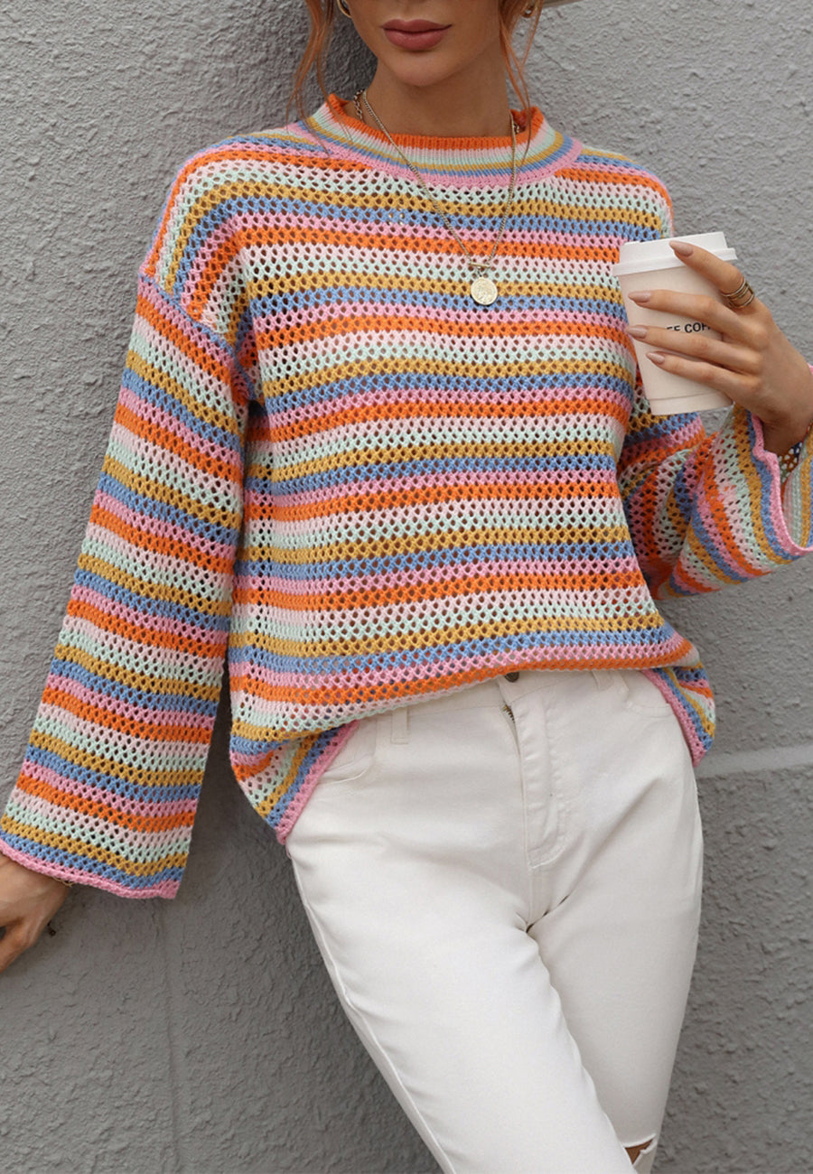 Colorful Striped Crochet Knit Sweater