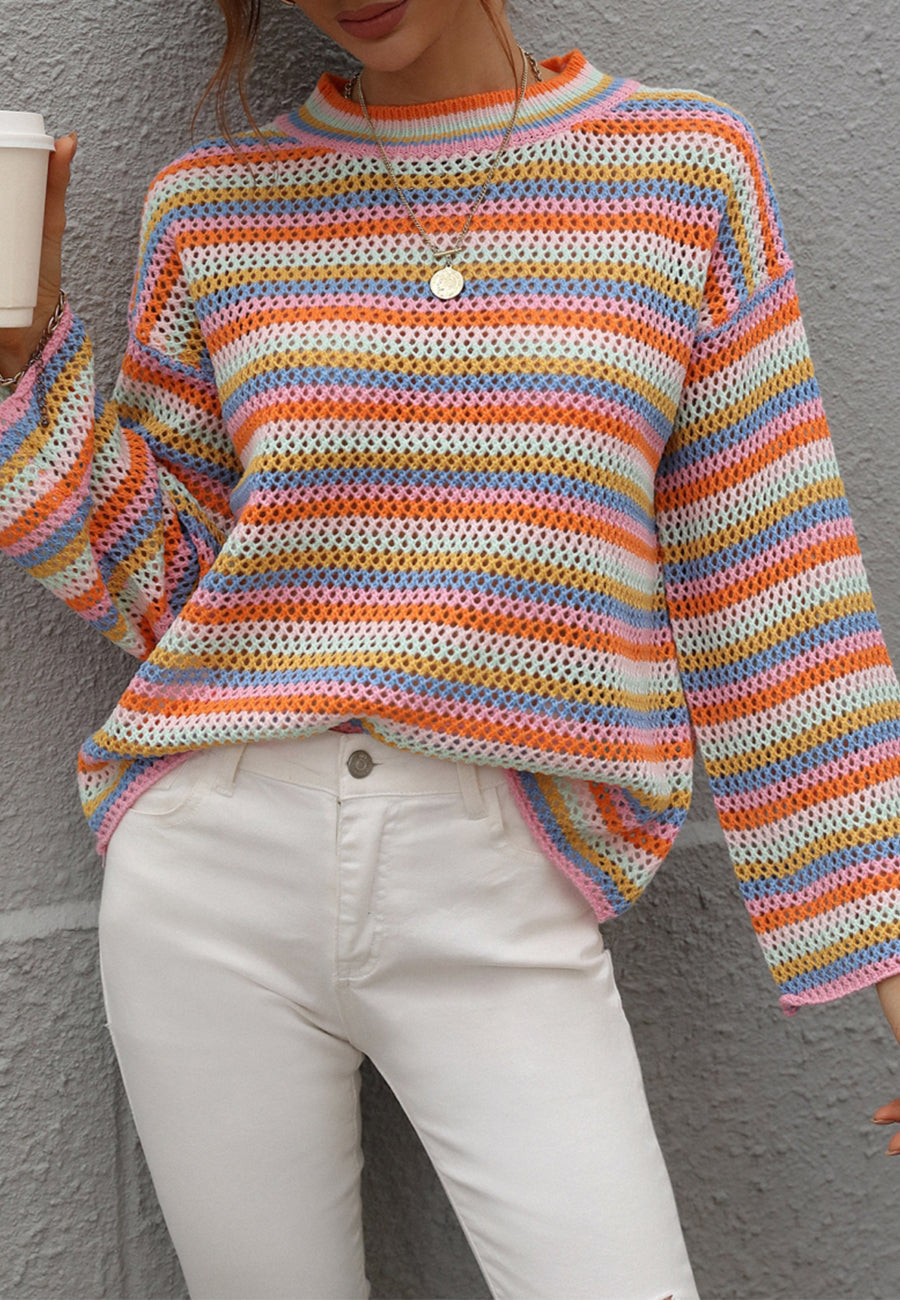 Colorful Striped Crochet Knit Sweater