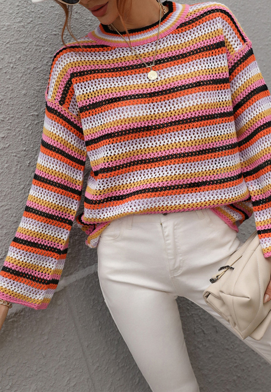 Colorful Striped Crochet Knit Sweater