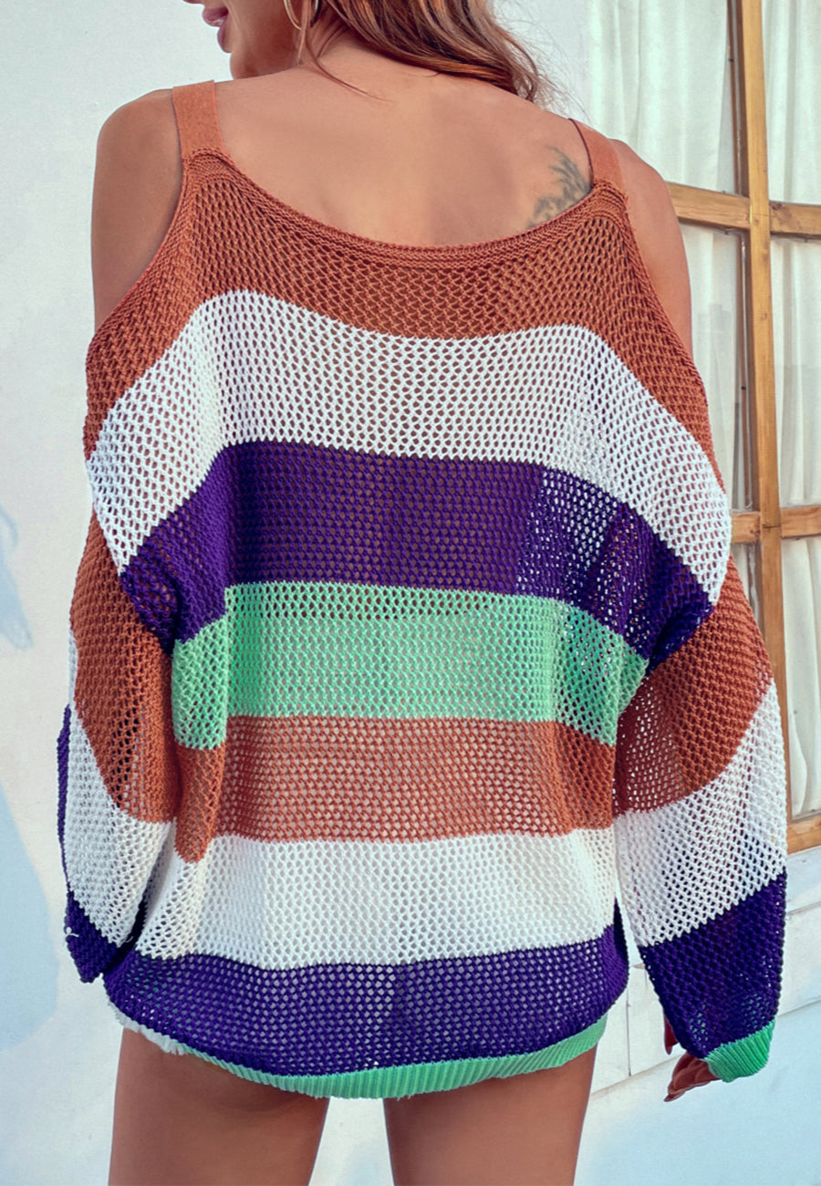 Multicolor Striped Cold Shoulder Sweater