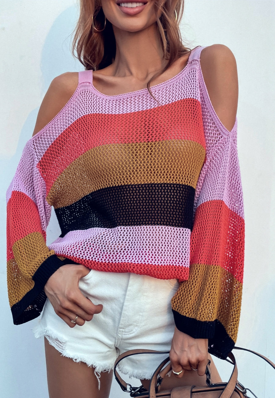 Multicolor Striped Cold Shoulder Sweater