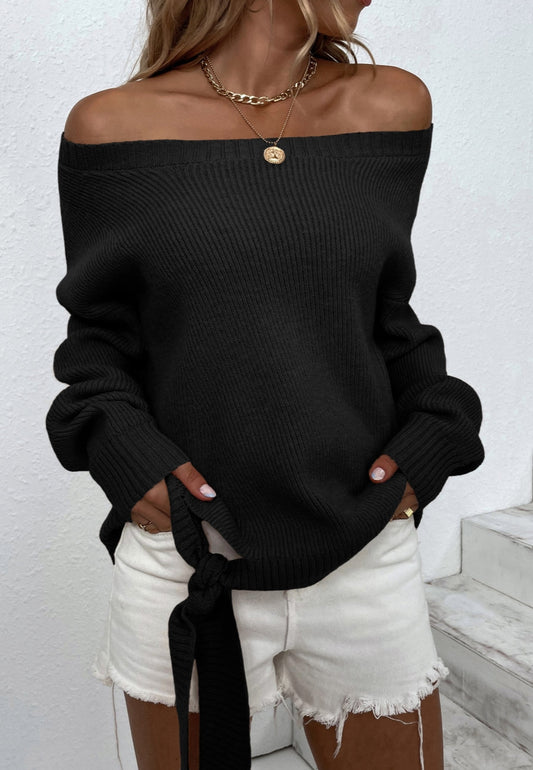 Off Shoulder Tie Hem Sweater