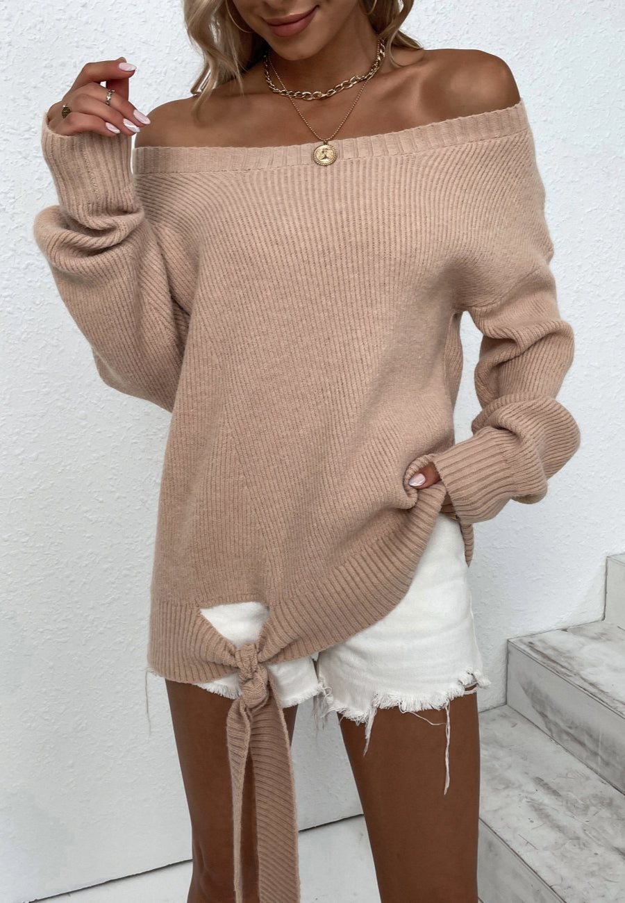 Off Shoulder Tie Hem Sweater