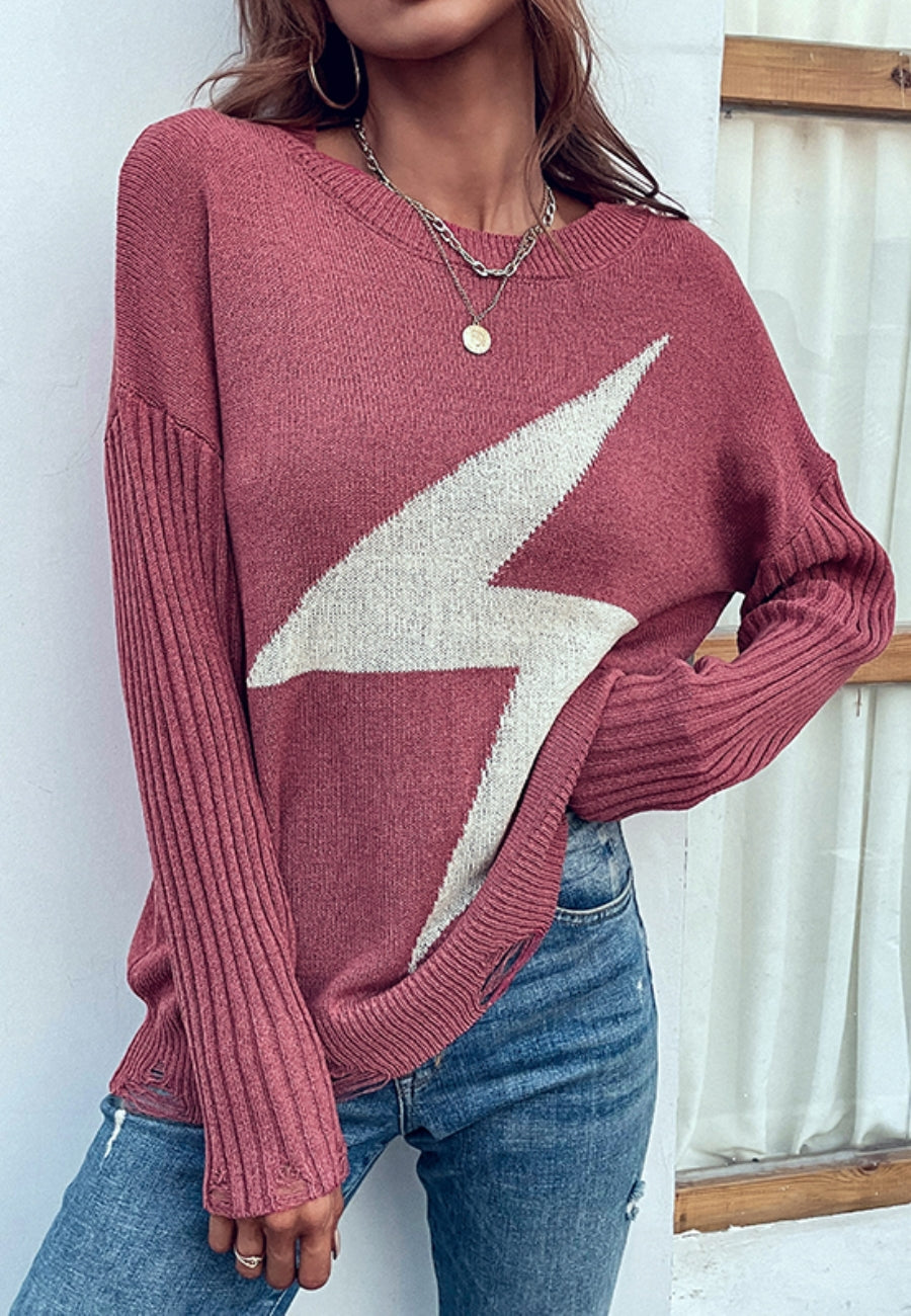 Thunder Bolt Distressed Sleeve Sweater