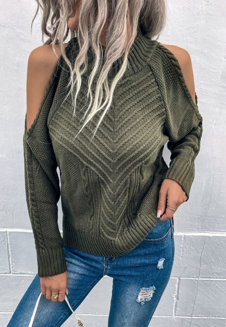 Chevron Knit Shoulder Cutout Sweater