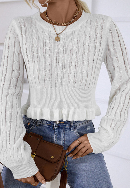 Braided Knit Ruffle Hem Sweater