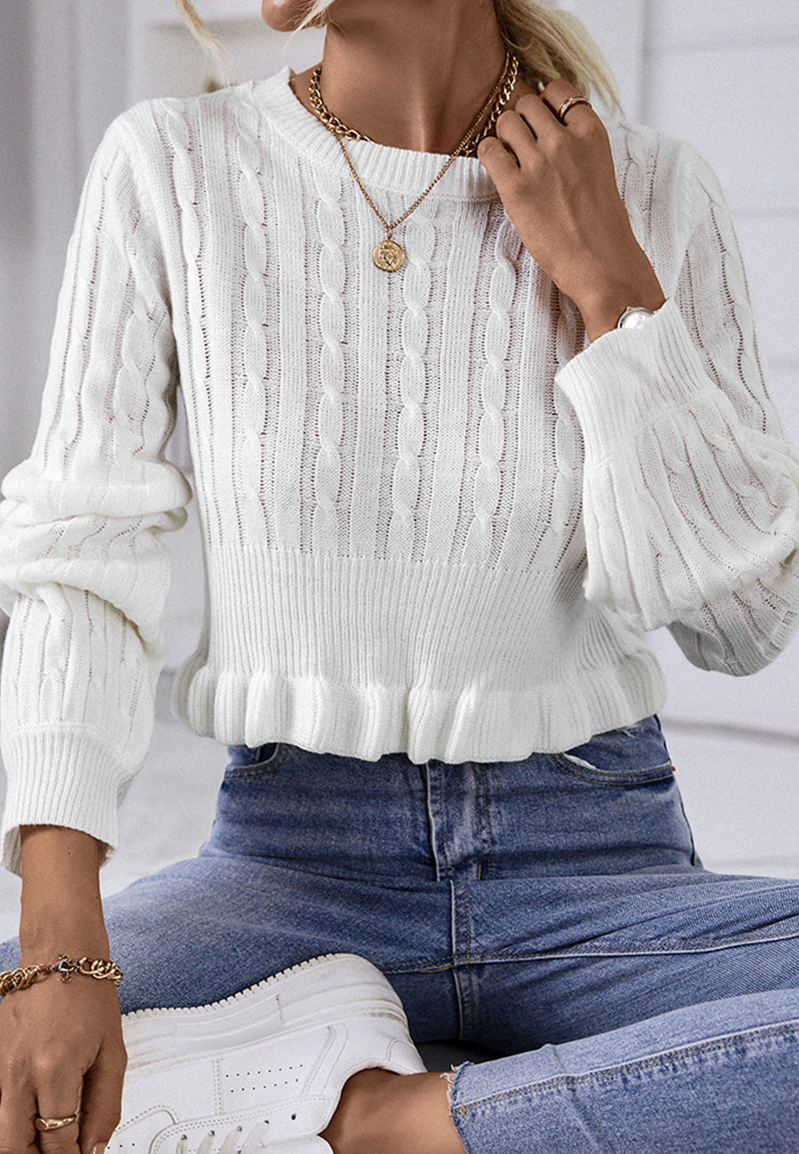 Braided Knit Ruffle Hem Sweater