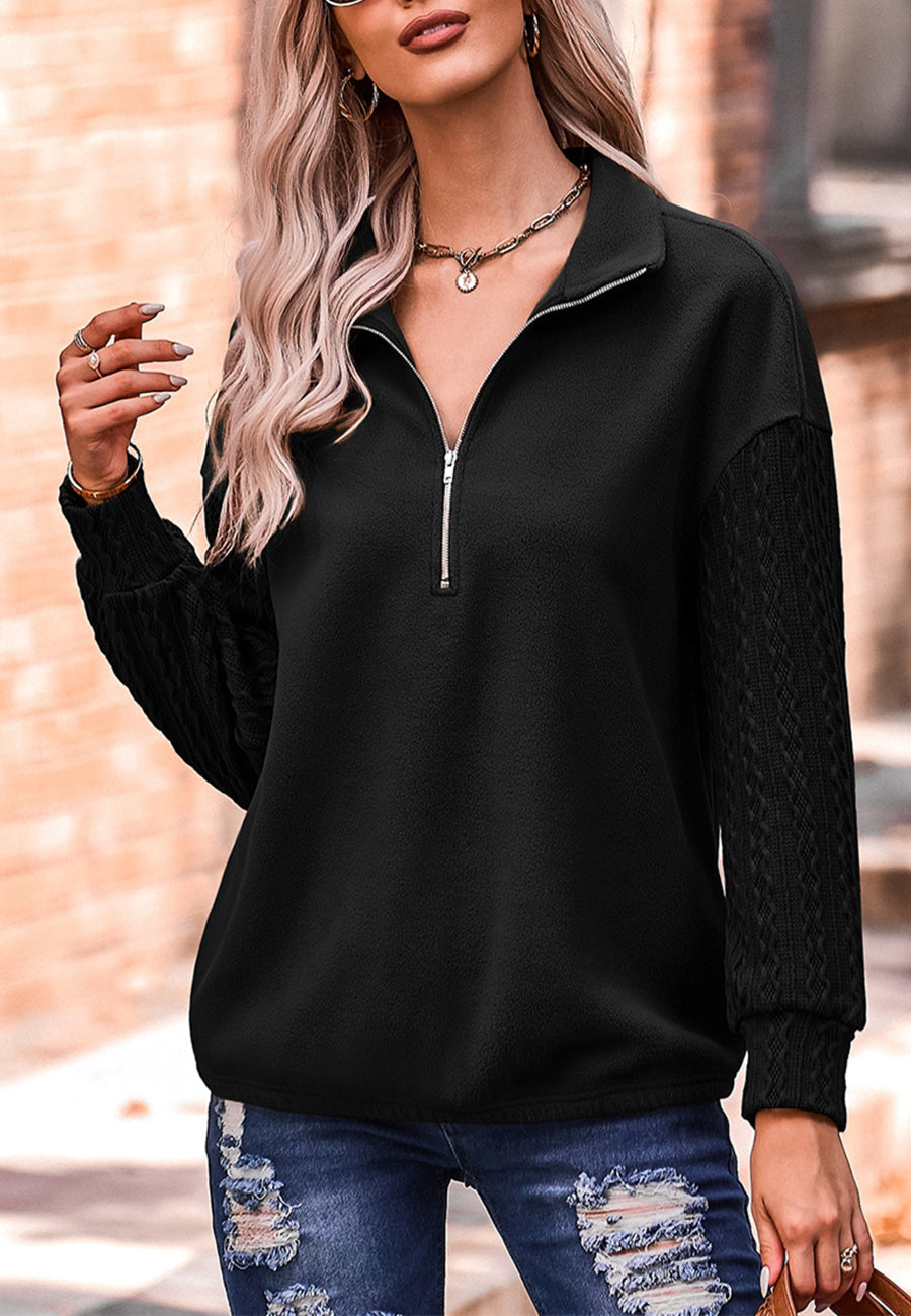 Cable Knit Sleeve Zip-Up Sweatshirt