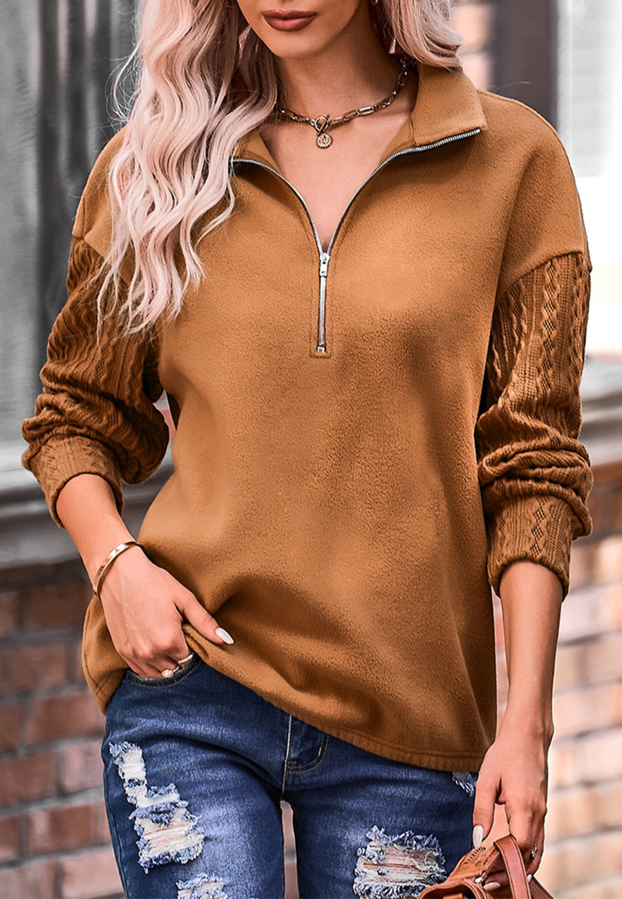 Cable Knit Sleeve Zip-Up Sweatshirt