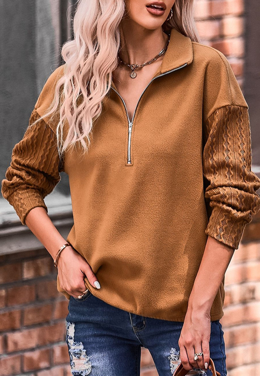 Cable Knit Sleeve Zip-Up Sweatshirt