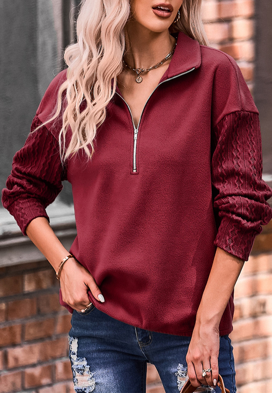 Cable Knit Sleeve Zip-Up Sweatshirt