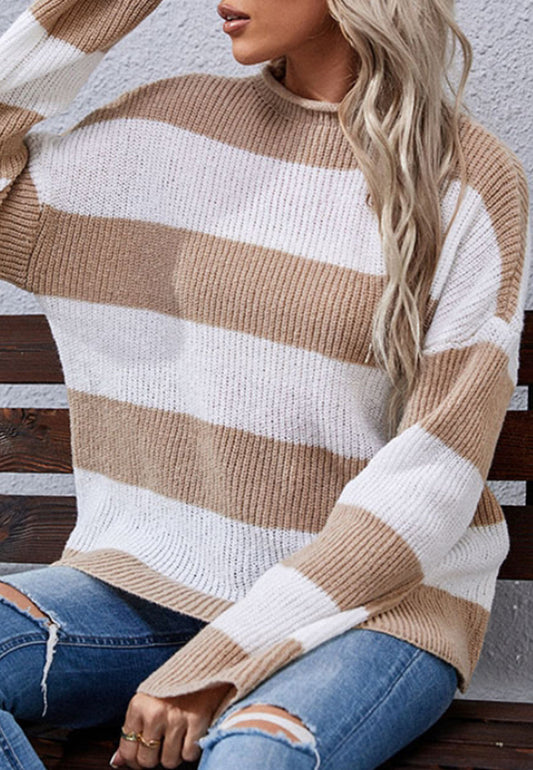High Neck Textured Striped Sweater