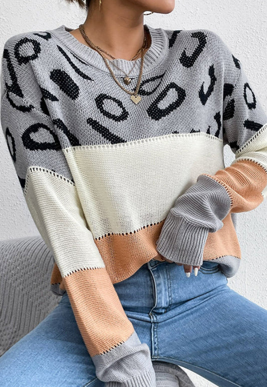 Leopard Detail Color Block Sweater