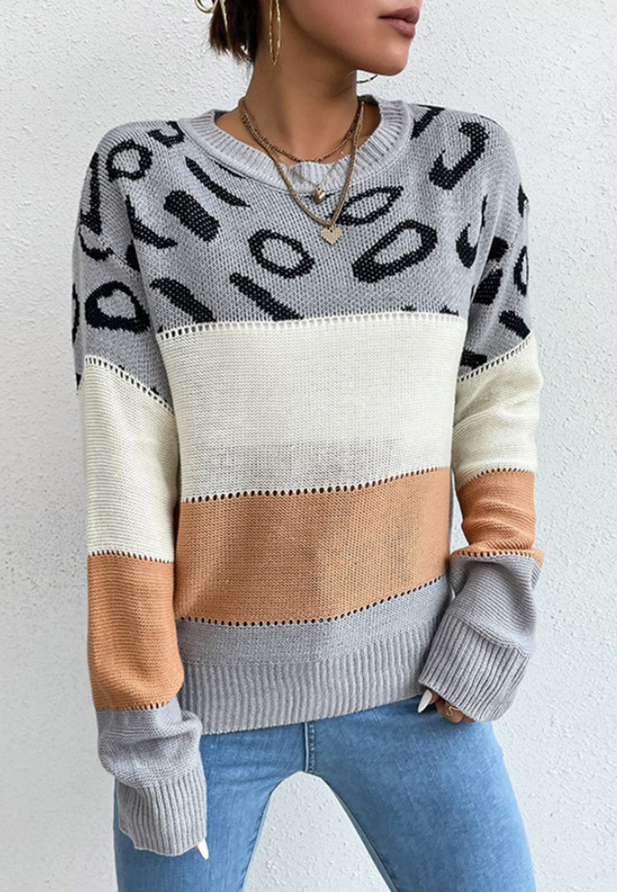 Leopard Detail Color Block Sweater