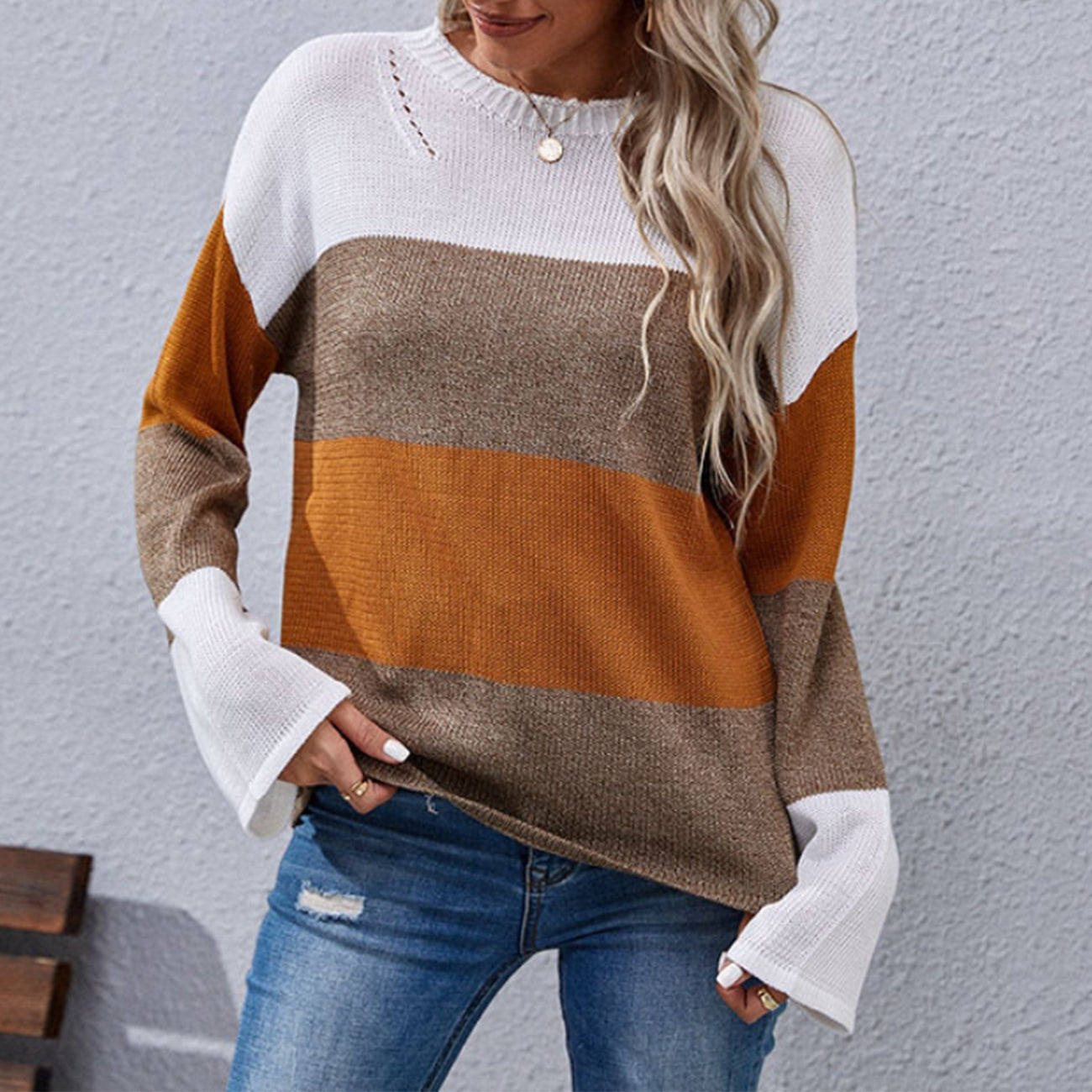 Distressed Detail Color Block Sweater
