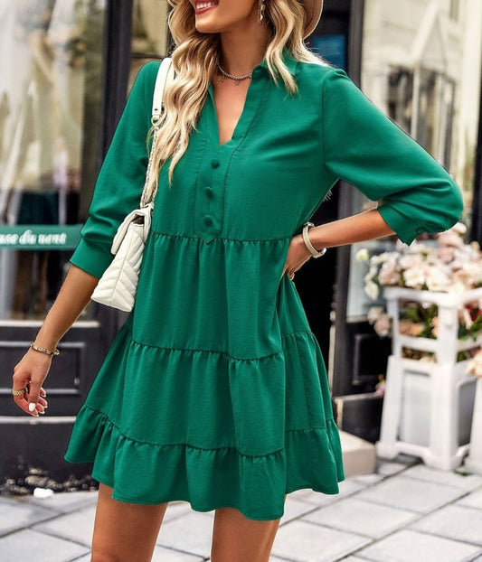Collared V Neck Tiered Dress
