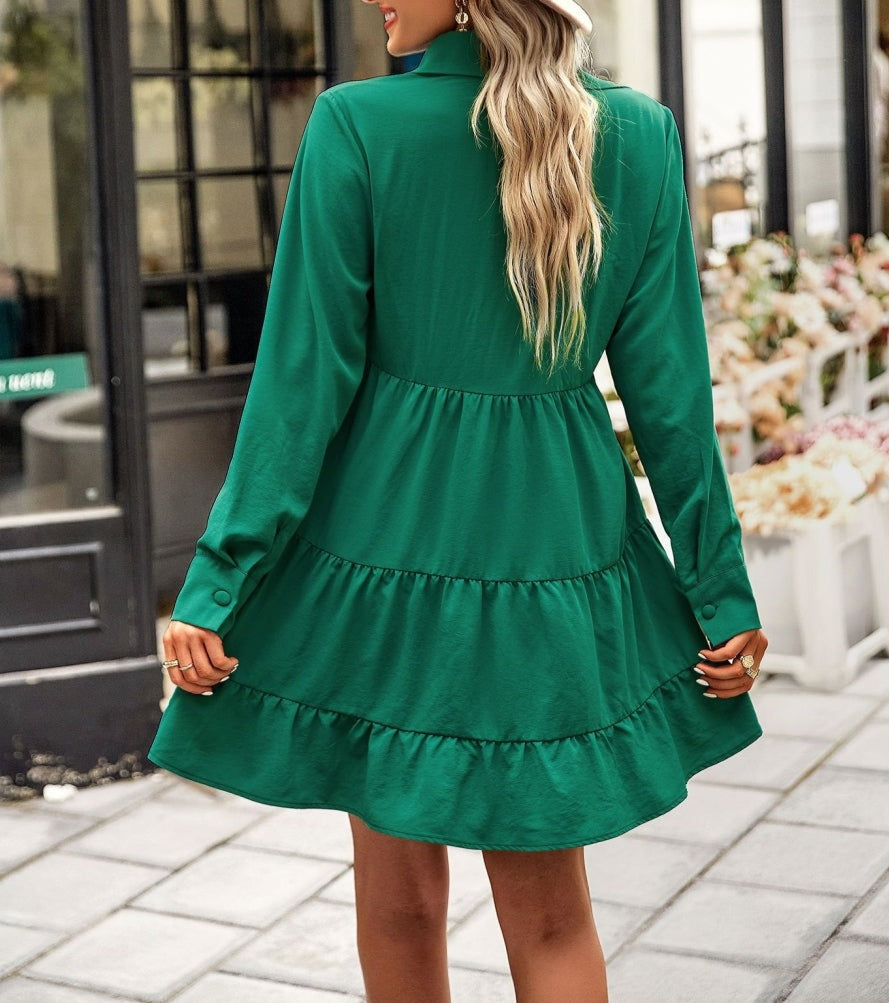 Collared V Neck Tiered Dress