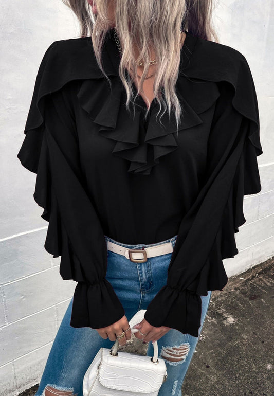 V Neck Ruffle Detail Vintage Blouse