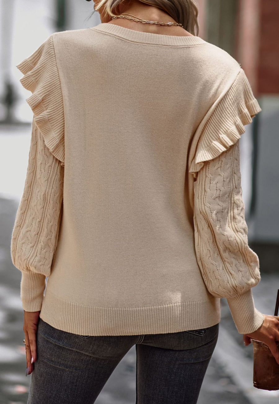 Cable Knit Ruffle Shoulder Sweater