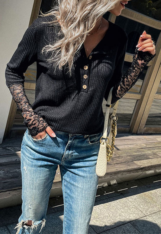 Lace Sleeve Henley Blouse