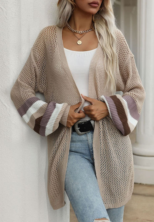 Crochet Knit Striped Sleeve Cardigan