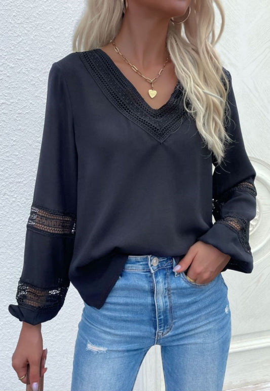 V Neck Crochet Detail Blouse