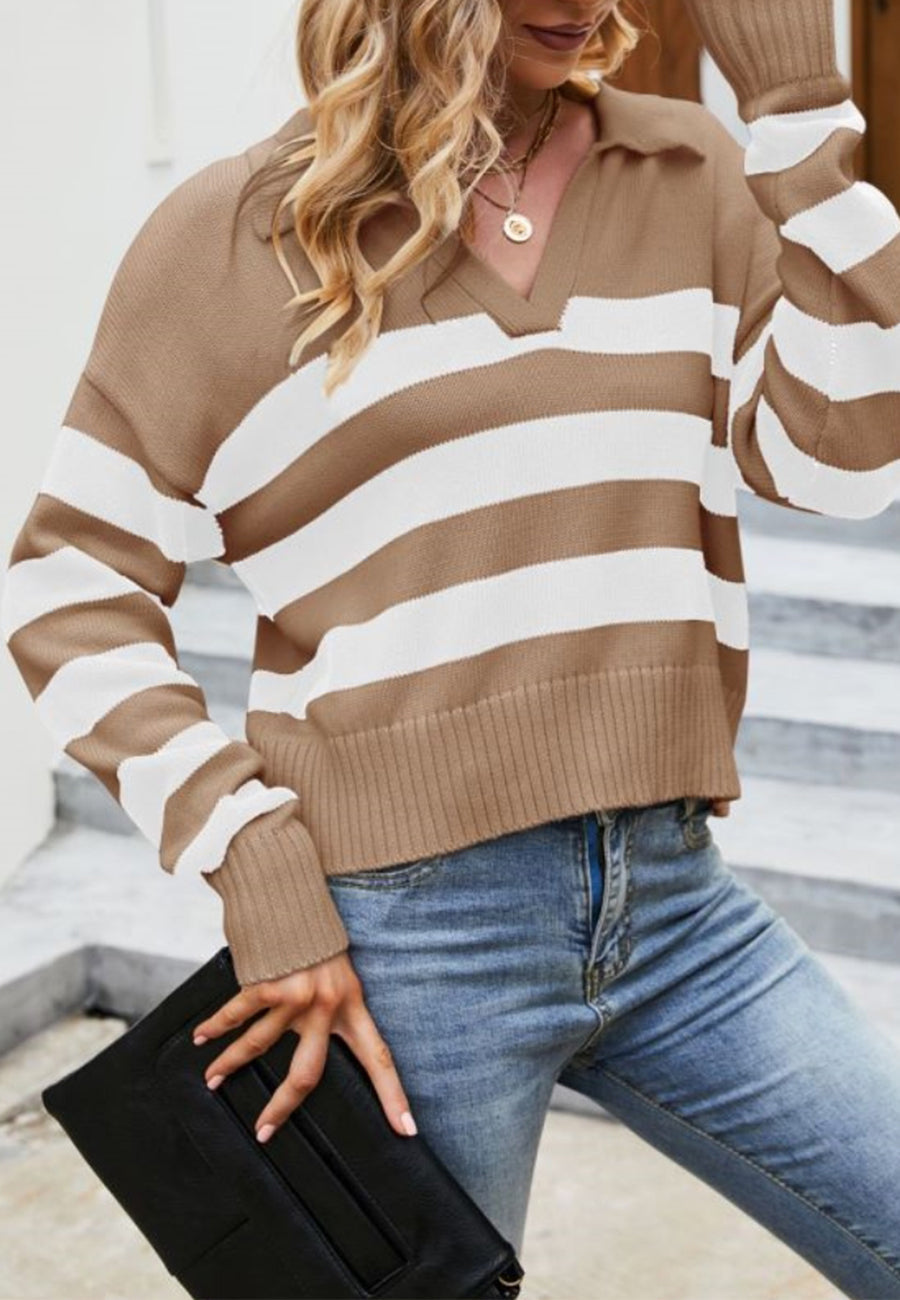 Striped Pattern Collared Preppy Sweater