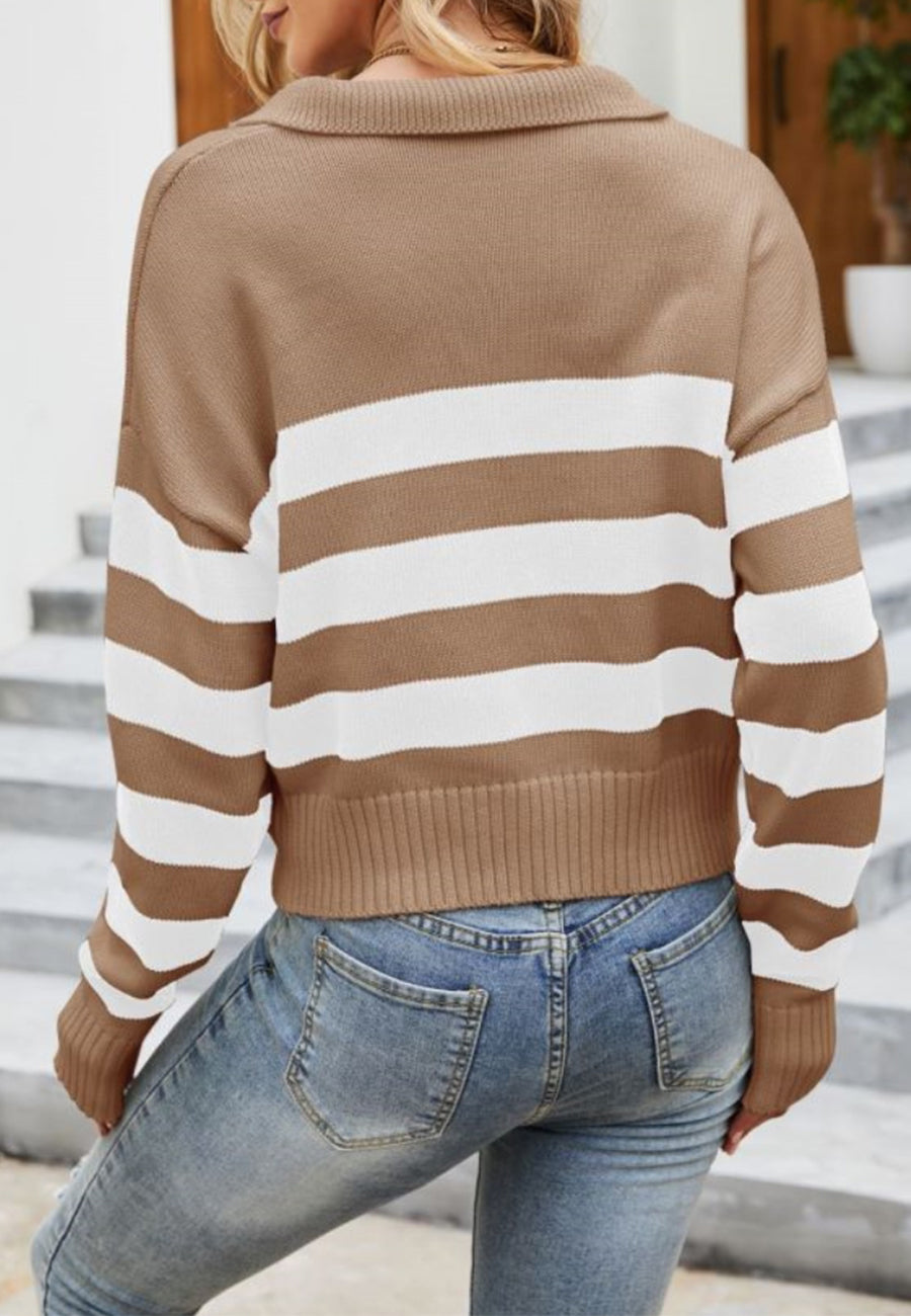 Striped Pattern Collared Preppy Sweater