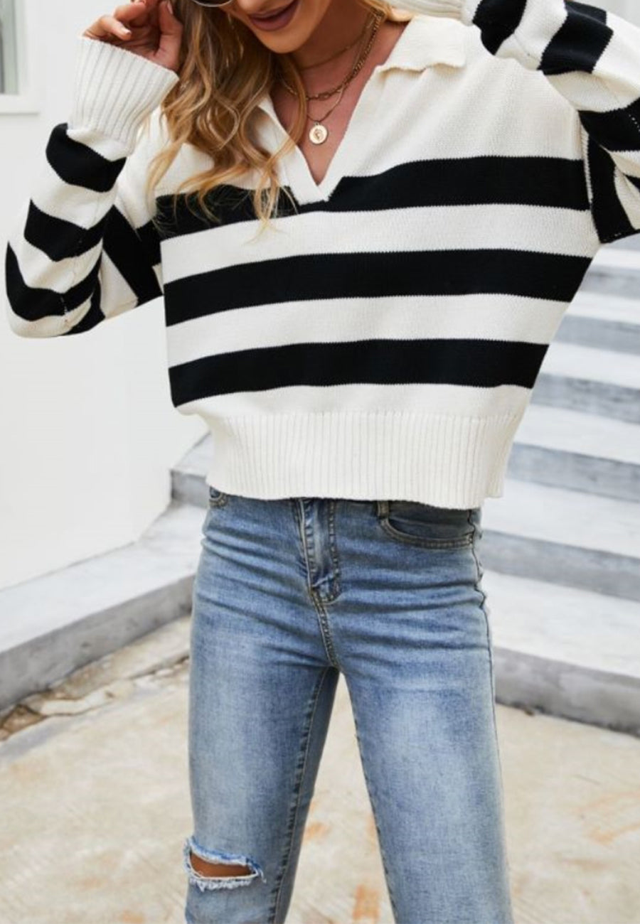 Striped Pattern Collared Preppy Sweater