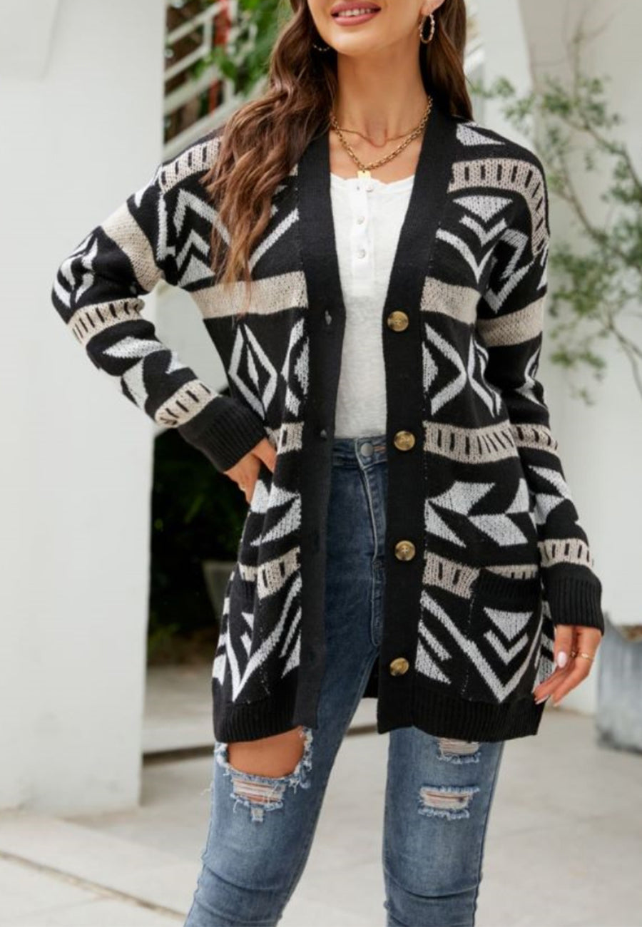 Aztec Print Button Down Cardigan