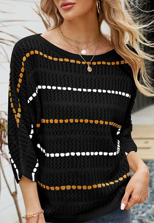 Striped Knit Three Quarter Sleeve Sweater