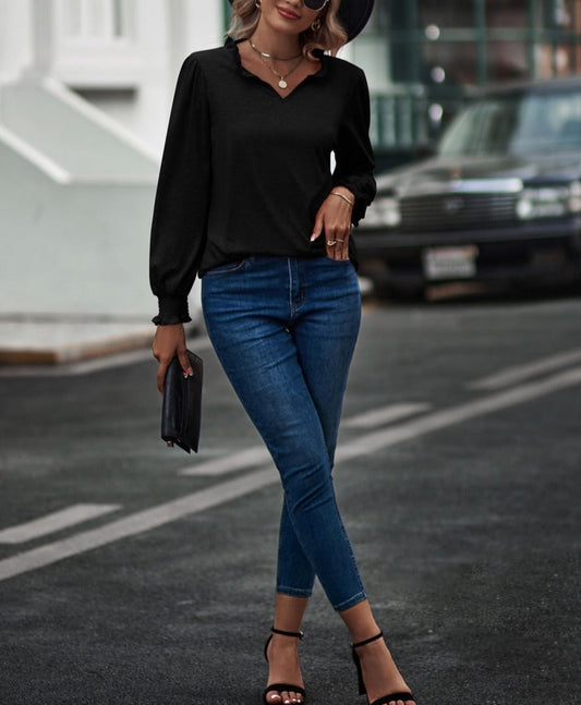 Ruffle Neck Shirred Cuff Sweater