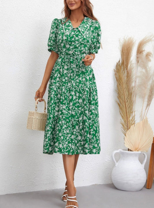 Collared Floral Puff Sleeve Dress