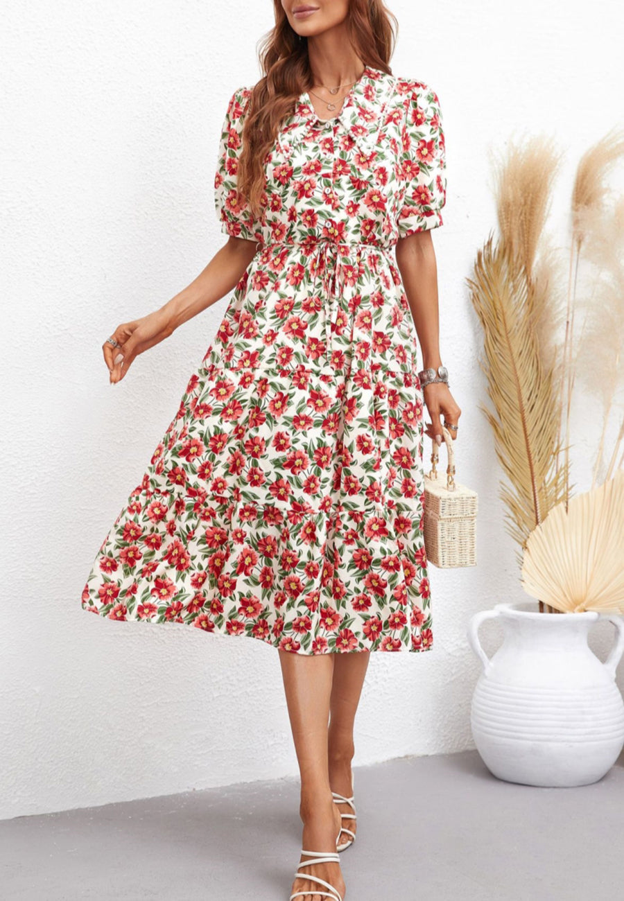 Romantic Floral Print Collared Dress