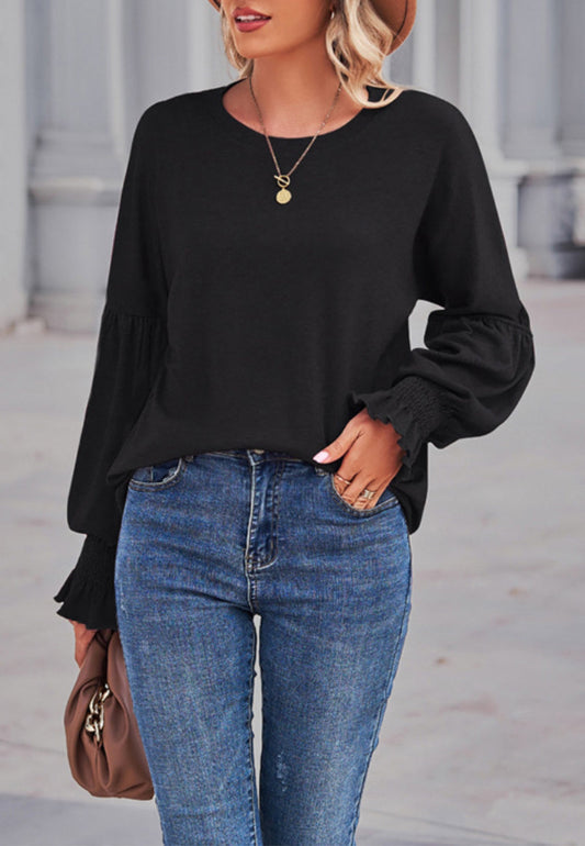 Solid Color Shirred Cuff Sweater